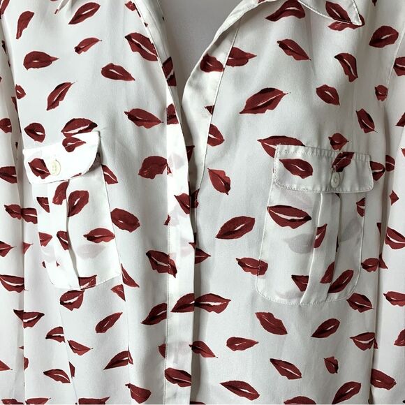 Joie Lips Top Button Up Top V-Neck Roll Tab Long Sleeve Pockets White Red Large - Picture 5 of 12